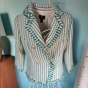 NWOT G by Giuliana Teal & Off White Tweed Stripe Blazer - Women's Size X Small